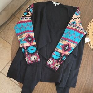 Heritage Charm Black Draped Cardigan with Aztec Turquoise Accent Sleeves